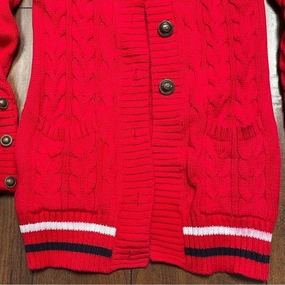 Vintage Twisted Cable Knit Sweater Long Cardigan Red Crest Rampant Lion Buttons - Picture 3 of 11